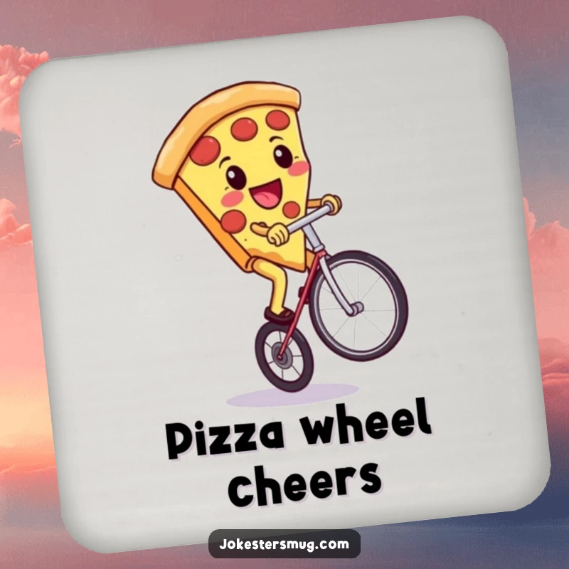 Funny drink coaster featuring a pizza slice riding a unicycle, protects surfaces.