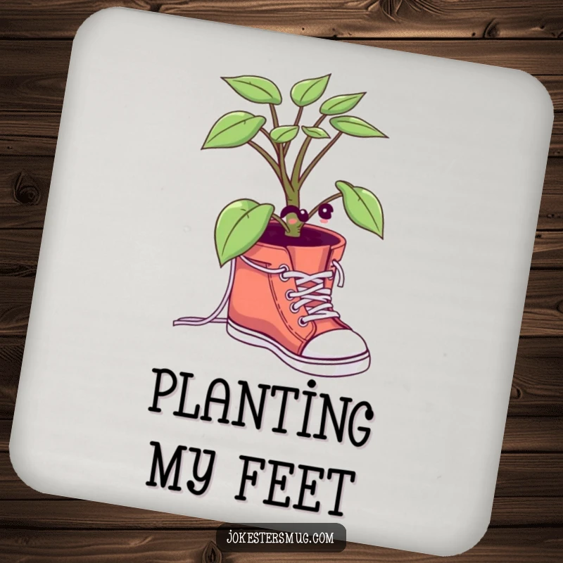 Funny Potted Plant Coaster: A plant character comically tries to tie its shoelaces, adding humorous protection to your drinks.