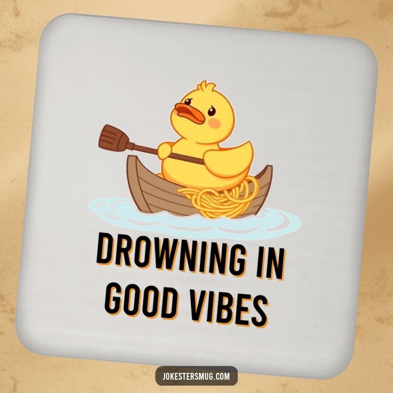 Funny confused rubber duck character trying to paddle a boat made of spaghetti, printed on a protective drink coaster.