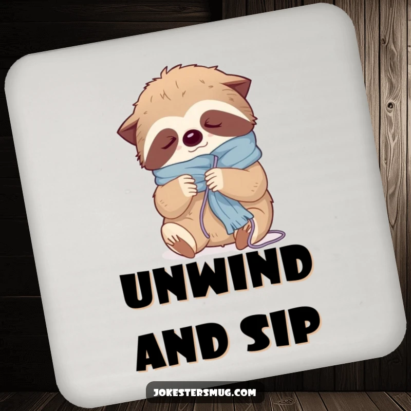 Funny drink coaster with a sleepy sloth comically tangled in knitting yarn while trying to make a scarf.