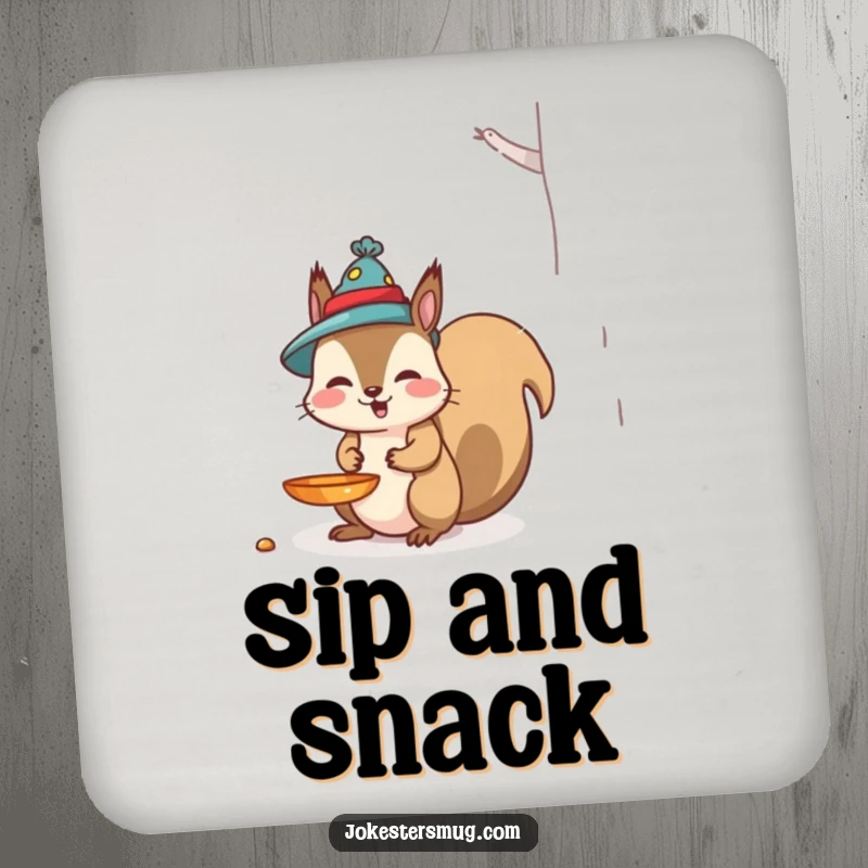Funny Squirrel Coaster: A mischievous squirrel wears a bird feeder as a hat, adding humorous protection to your drinks.