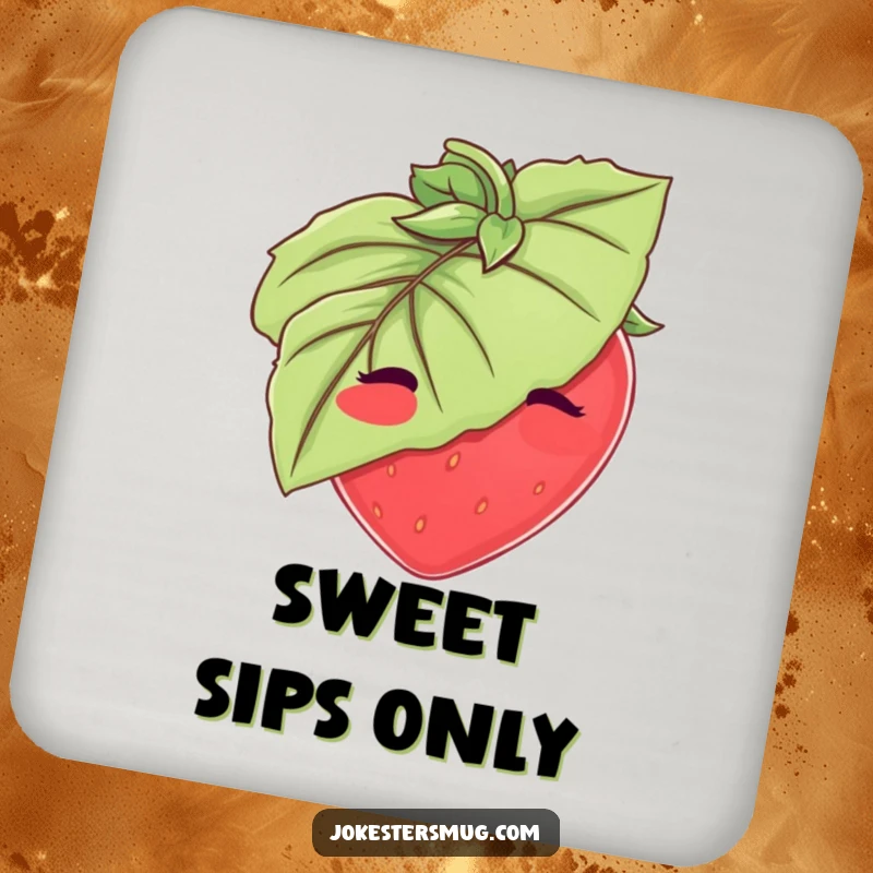 Funny Strawberry Coaster: A blushing strawberry hides behind a large leaf. Protects surfaces with cute, funny charm. Great funny gift.