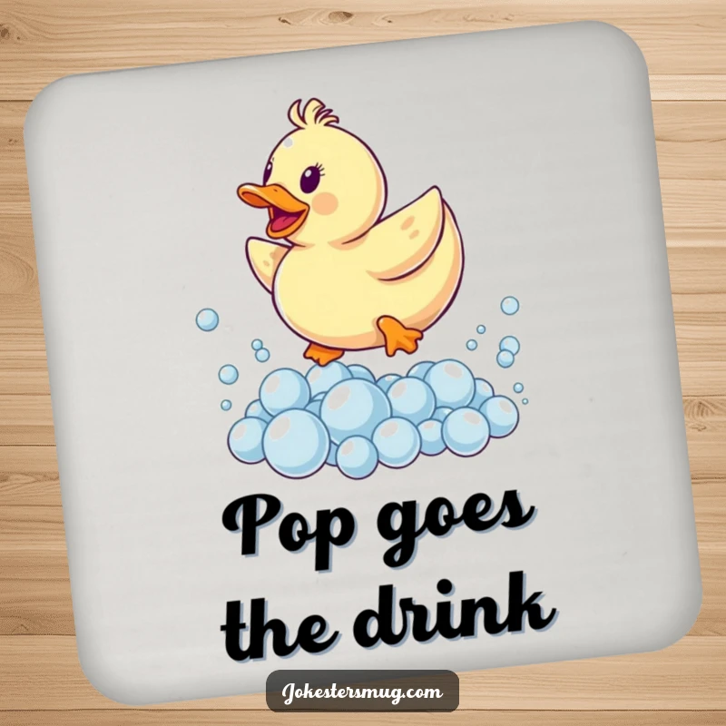 Funny coaster featuring a rubber ducky leaping over a pile of bubbles, a humorous and practical accessory for any table.