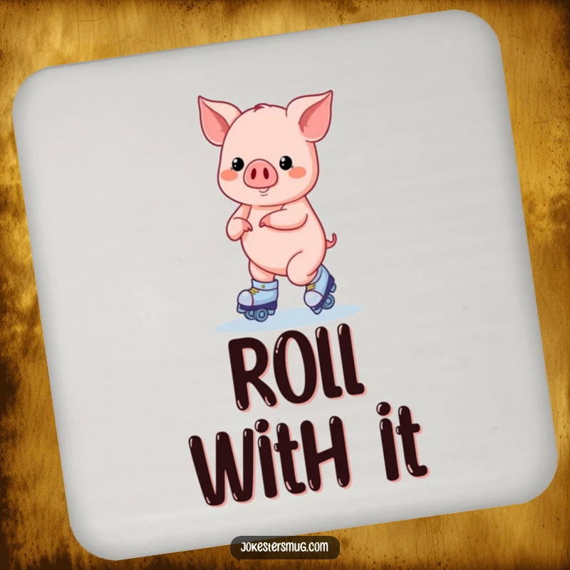 Funny Roller Skating Pig Coasters: A pig on roller skates attempts a figure eight, perfect for protecting tables with humor.