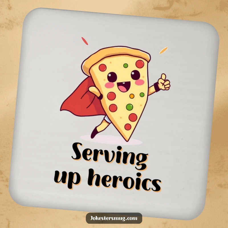 Funny drink coaster with a triumphant pizza slice wearing a cape and striking a superhero pose, a humorous and practical item.