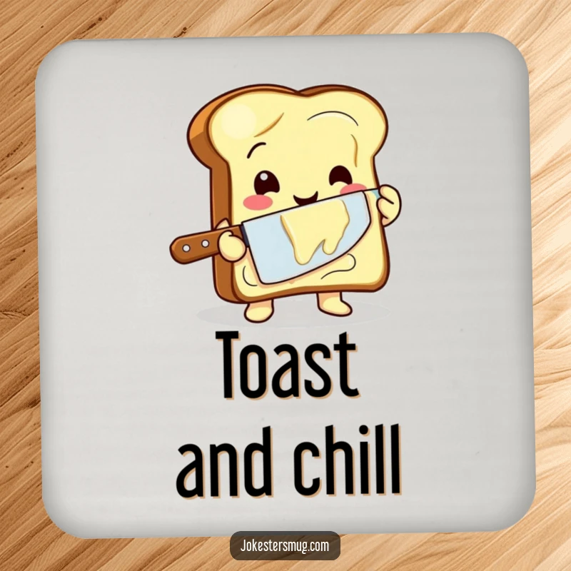 Funny drink coaster featuring a happy toast character unevenly buttering itself with a giant knife, adding humor to drinks.