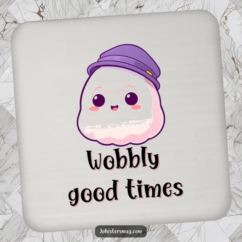 Funny drink coaster featuring a jelly blob character with a hat phasing through it, adding a humorous touch to drinks.