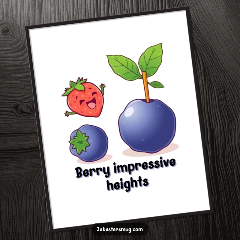 Funny poster art of a delighted strawberry pole vaulting over a large blueberry, capturing a moment of athletic joy.