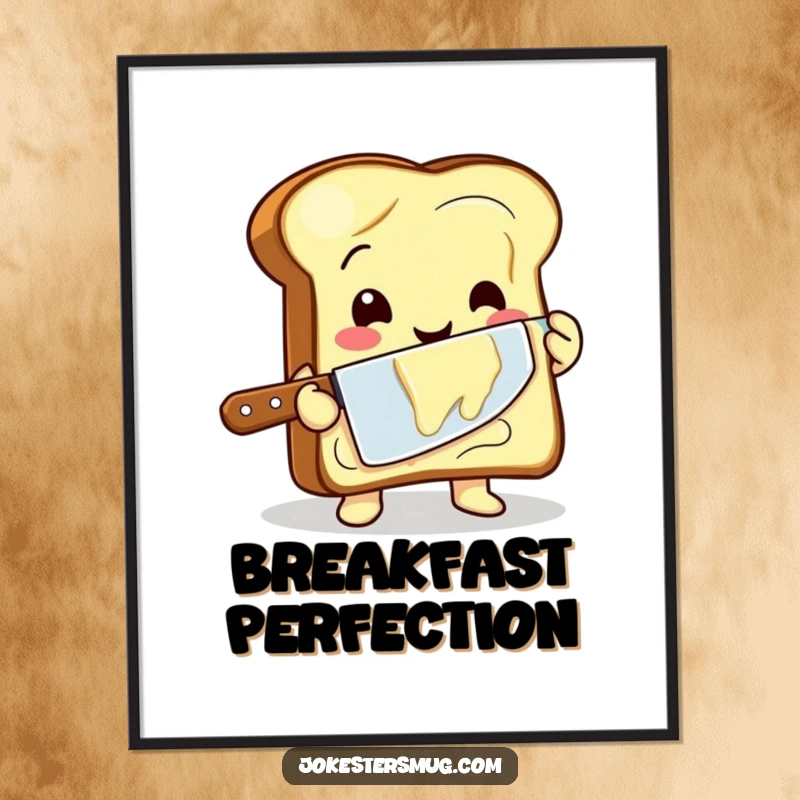 Funny poster illustrating a happy toast character unevenly buttering itself with a giant knife, perfect for kitchen decor.