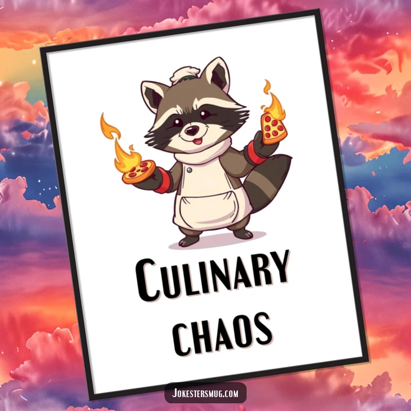 Funny Raccoon Pizza Poster: Raccoon wearing oven mitts, attempting to juggle flaming pizzas, conveying extreme kitchen humor.