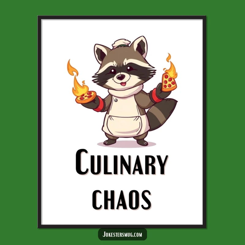 Funny Raccoon Pizza Poster: Chaotic Juggler Attempting Flaming Pizzas - Kitchen Art