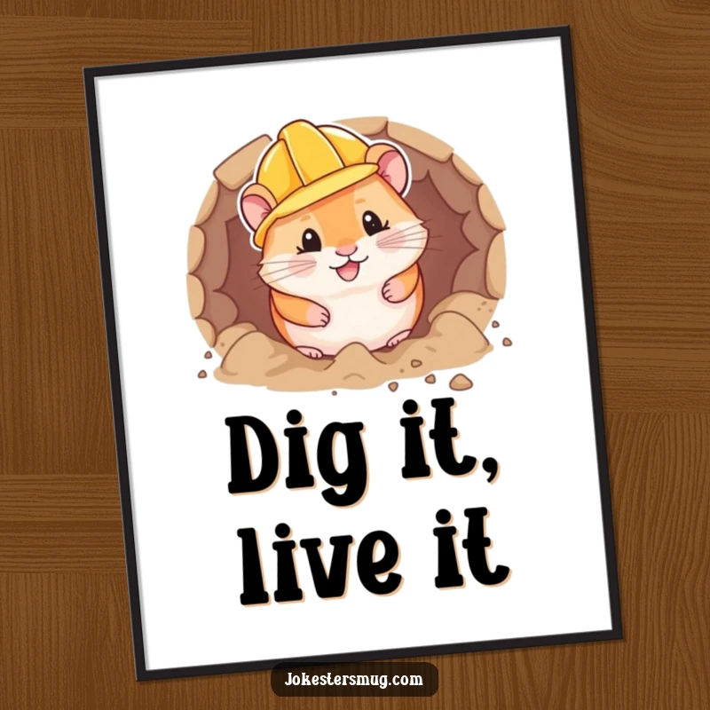 Funny hamster in a small hard hat enthusiastically digs a tunnel, presented as wall art for motivational vibes.