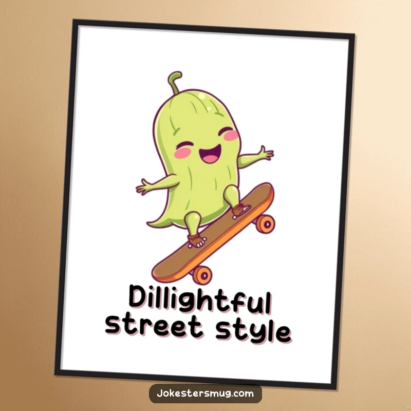 Funny poster art of a happy pickle in sunglasses performing an ollie on a skateboard, a vibrant and humorous piece.