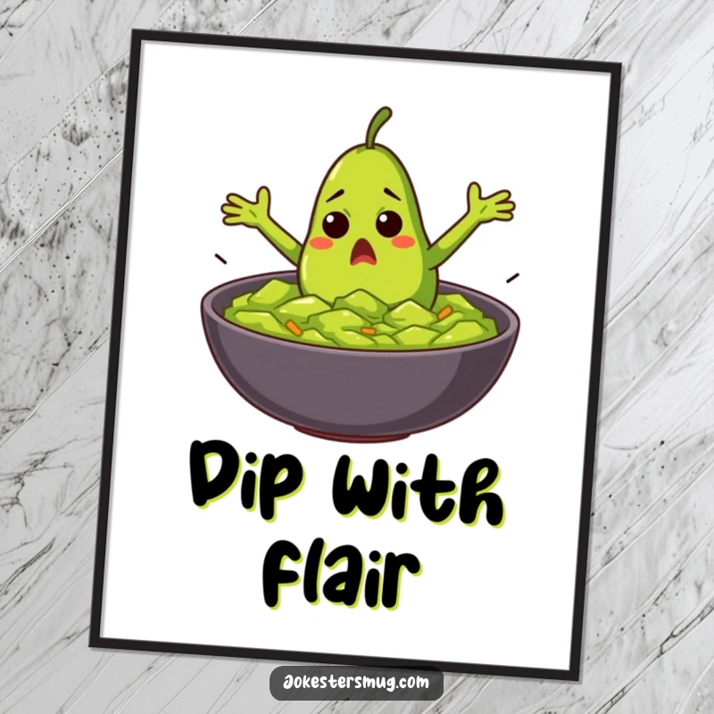 Funny startled avocado with flailing arms diving into guacamole on a poster, great foodie wall art.