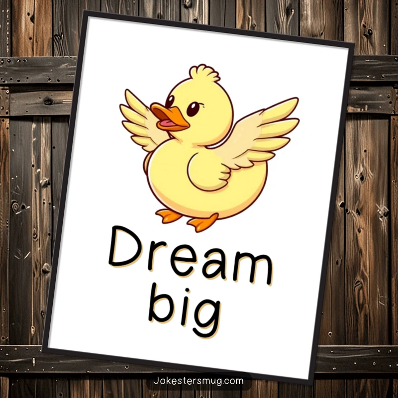 Funny rubber duck flying poster, with feathered wings, humorous motivational art, perfect humorous decor, a wonderful funny gift.