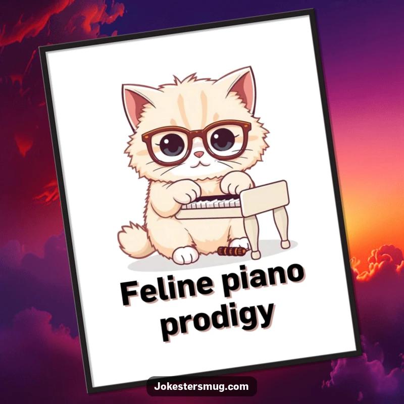 Funny poster illustration of a fluffy cat wearing large glasses, focused on playing a tiny piano with comical effort.
