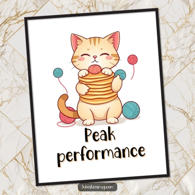Funny cat pancake juggling poster, whimsical art, humorous feline expression, perfect wall decor, a wonderful funny gift.