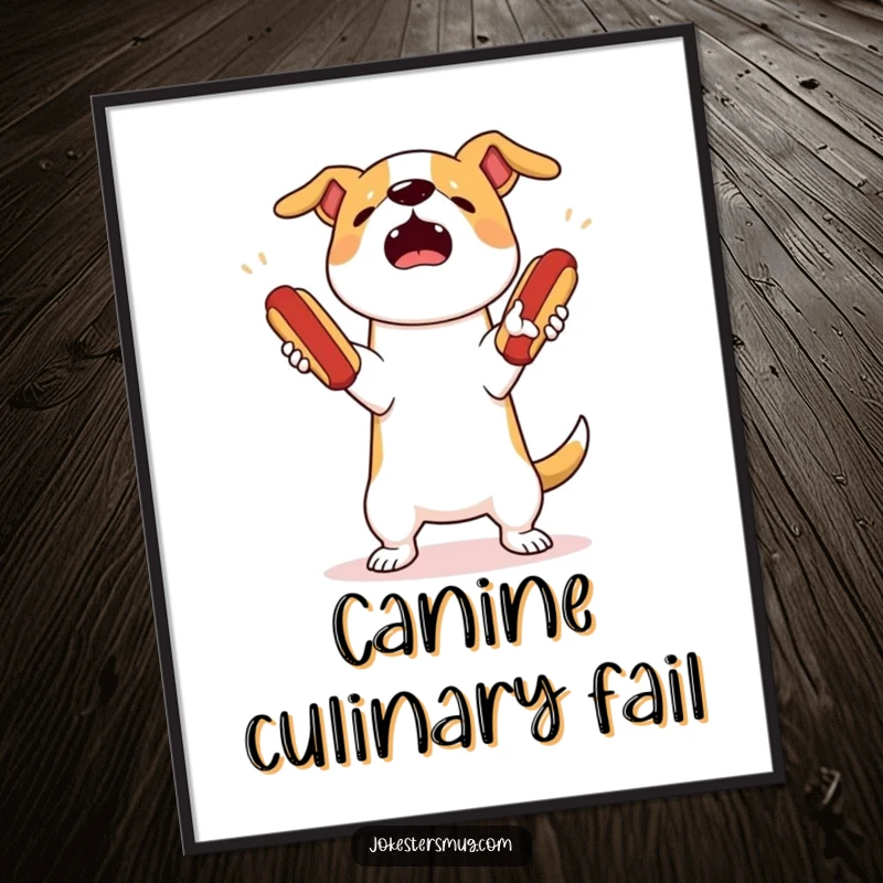 Funny dog juggling poster showing a startled dog attempting to juggle three bouncing hot dogs, dropping them all in a comical scene.