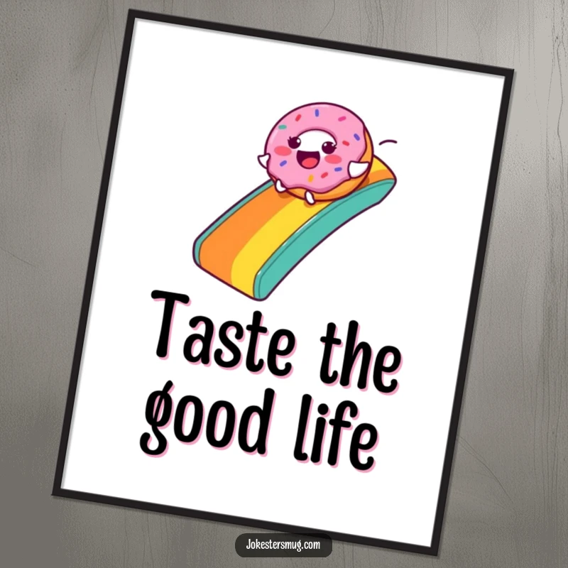 Funny Donut Poster: A happy donut character zooms down a rainbow slide, creating a sweet and funny wall decoration.