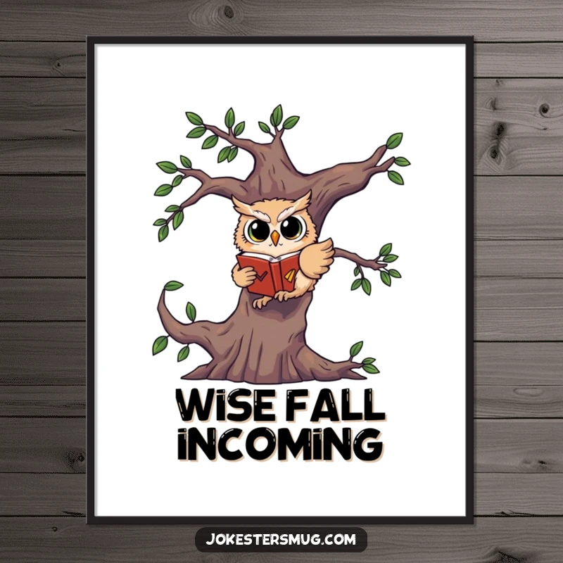 Funny poster artwork of a startled owl falling from a tree, tightly gripping a book in its talons.
