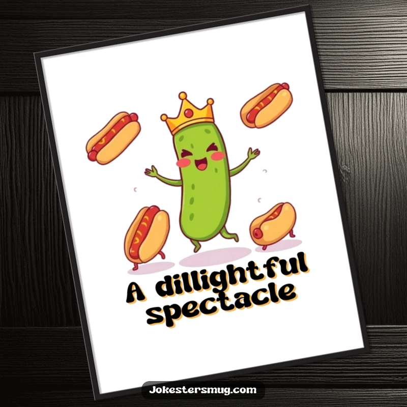 Funny pickle wearing a tiny crown enthusiastically juggling three runaway hot dogs, a humorous piece of art for this poster.