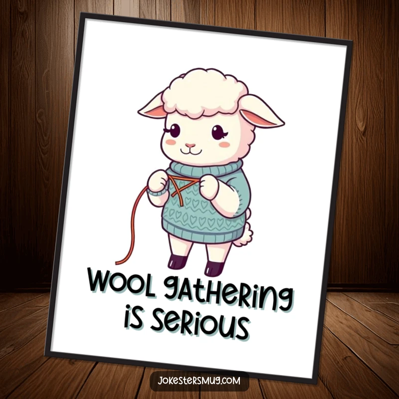 Funny Sheep Poster: A sheep humorously knits a sweater from its own wool. Perfect wall art for a funny, whimsical touch.