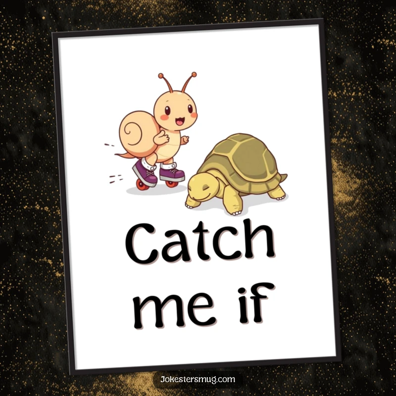 Funny poster illustrating a snail on roller skates speeding past a snoozing tortoise, capturing a humorous race moment.