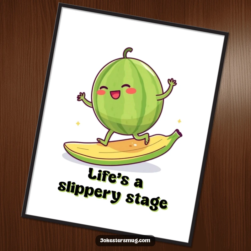 Funny giggling watermelon character attempting to moonwalk on a banana peel, illustrated poster for wall decor.