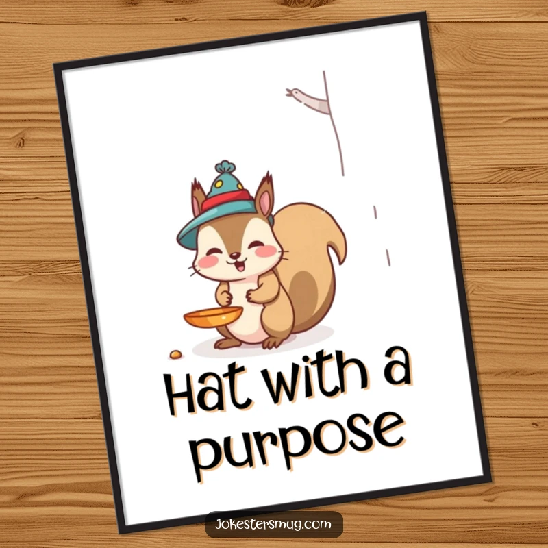 Funny Squirrel Poster: A mischievous squirrel humorously wears a bird feeder as a hat, creating a funny and artistic wall decoration.