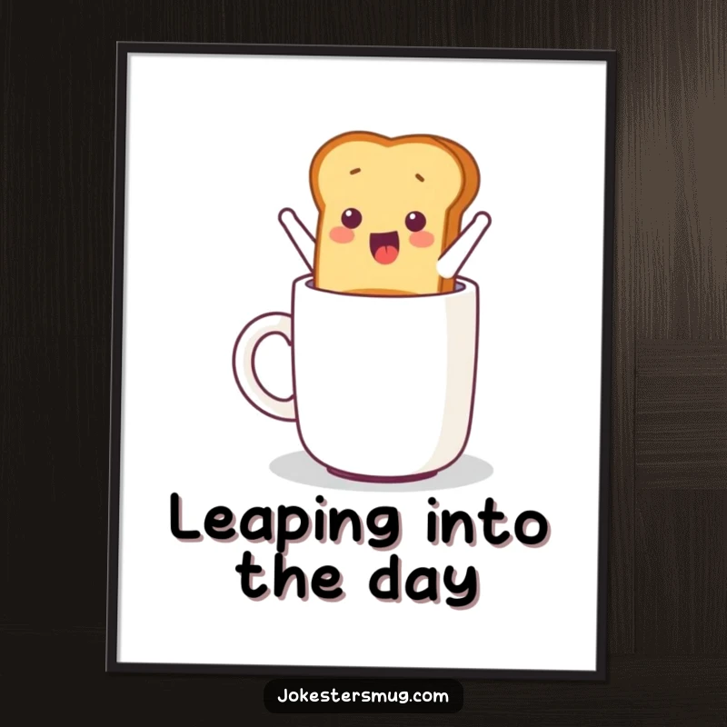 Funny poster artwork of a piece of toast humorously jumping with great excitement from a toaster into a coffee mug.