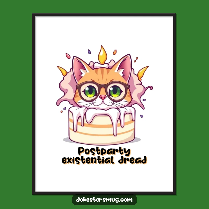 Funny Bewildered Cat Poster, Exploding Cake Art, Hilarious Home Decor