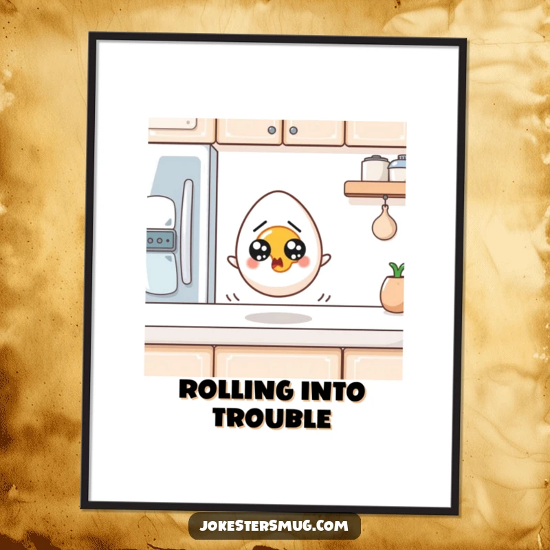 Funny Egg Poster: A startled egg with wide eyes rolls off a kitchen counter. Humorous kitchen art, perfect funny gift.