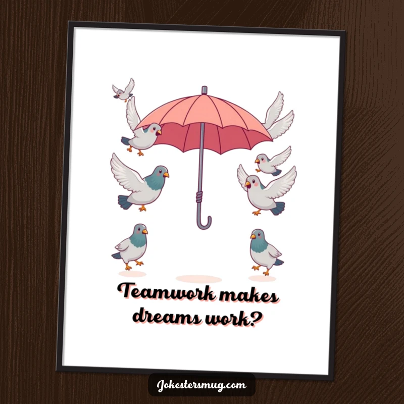 Funny surprised pigeons attempting to fly in opposite directions from a single, tiny umbrella, a humorous piece of art for this poster.