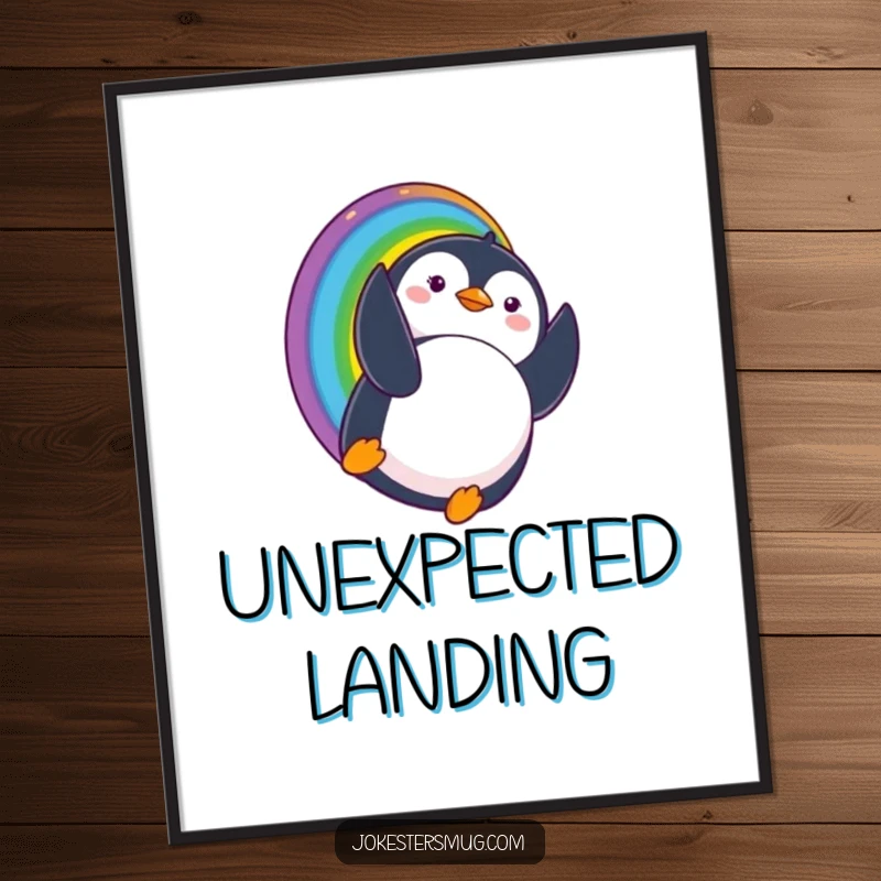 Funny poster art of a penguin sliding down a rainbow and landing upside down with a comically surprised expression, creating whimsical decor.