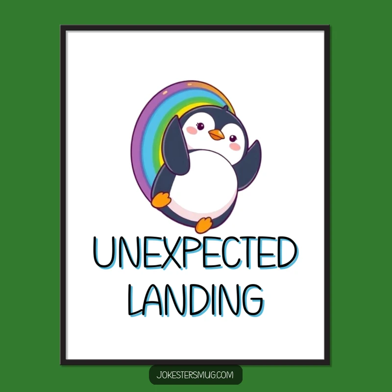 Funny Penguin Rainbow Poster Surprise Landing Whimsical Art Gift