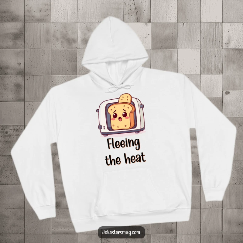 Funny bread loaf, looking surprised, escaping a toaster, a warm and humorous hoodie for cozy laughs.