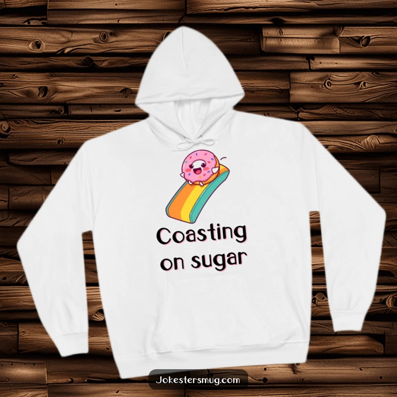 Funny Donut Hoodie: A joyful donut character slides down a rainbow, offering warmth and a sweet, funny design, great as a funny gift.
