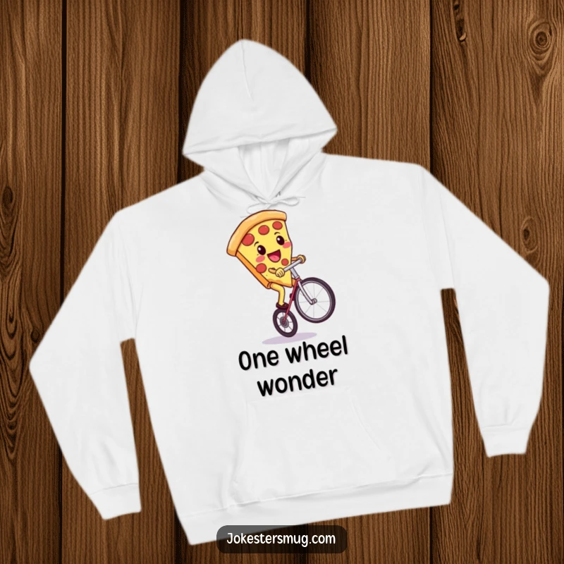 Funny cozy hoodie featuring a smiling pizza slice riding a unicycle, a warm humorous foodie gift.