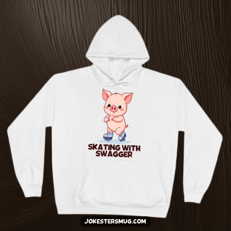 Funny Roller Skating Pig Hoodie: A pig on roller skates attempts a figure eight, great for cozy, fun days.