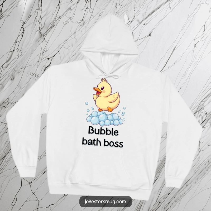 Funny hoodie showcasing a rubber ducky leaping energetically over a large mound of sparkling bubbles, a cozy and playful design.