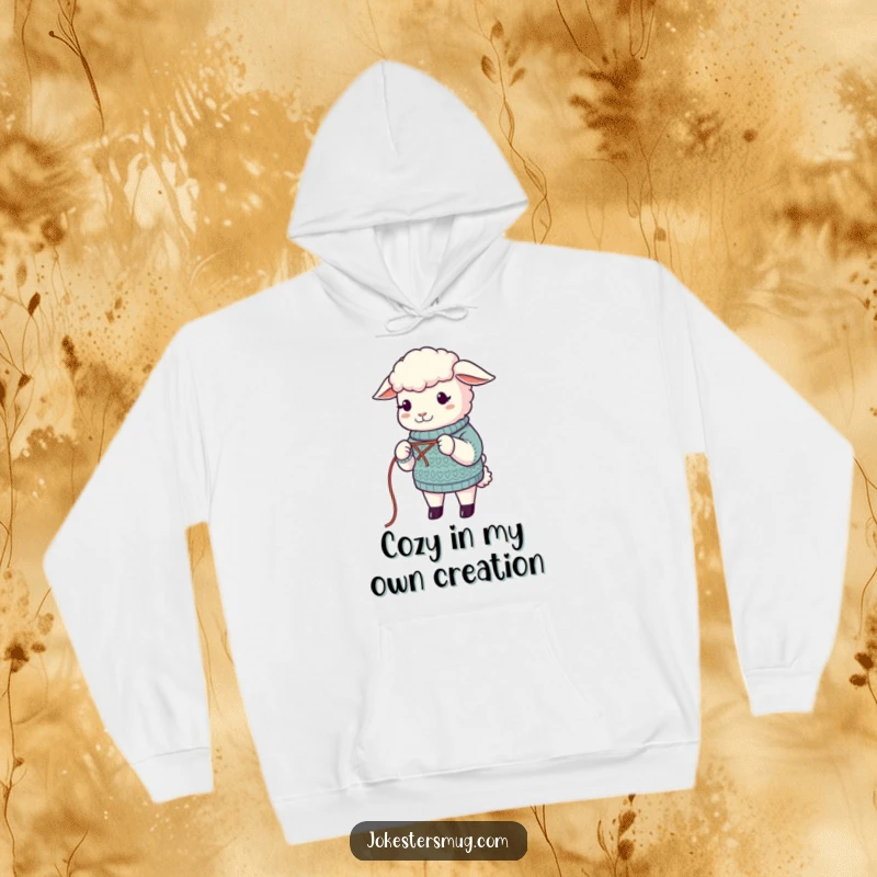 Funny Sheep Hoodie: A sheep comically tries knitting its own wool, wearing a determined yet bewildered expression. Great for humor lovers and knitters.