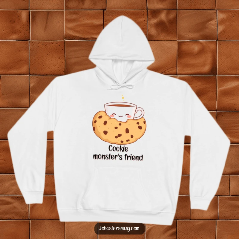 Funny hoodie with a shy teacup peeking from behind a giant cookie, designed for cozy comfort and humorous appreciation of sweets.