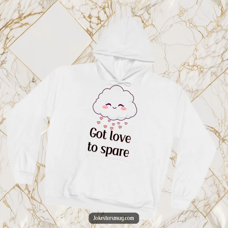 Funny Winking Cloud Hoodie: A fluffy cloud winks mischievously, raining hearts, offering warmth and a funny design, great as a funny gift.