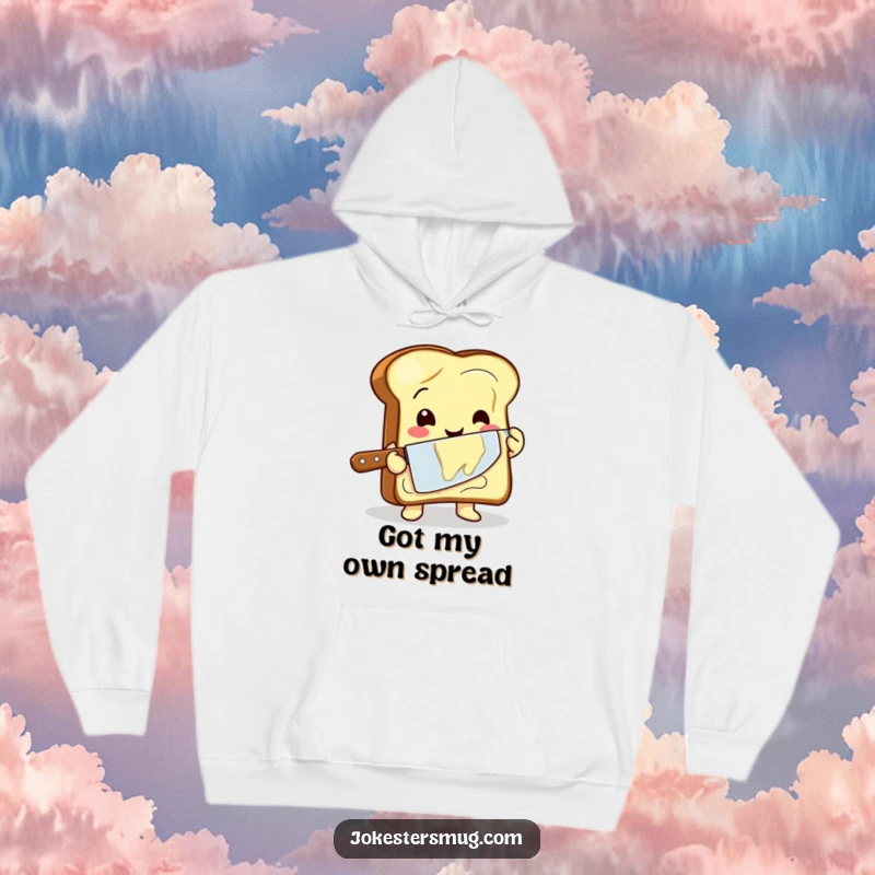 Funny hoodie featuring a happy toast character awkwardly buttering itself with a giant knife, ideal for cozy mornings.