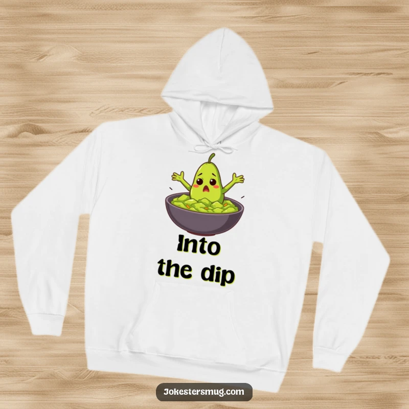Funny startled avocado with flailing arms diving into guacamole on a cozy hoodie, ideal for a warm funny gift.