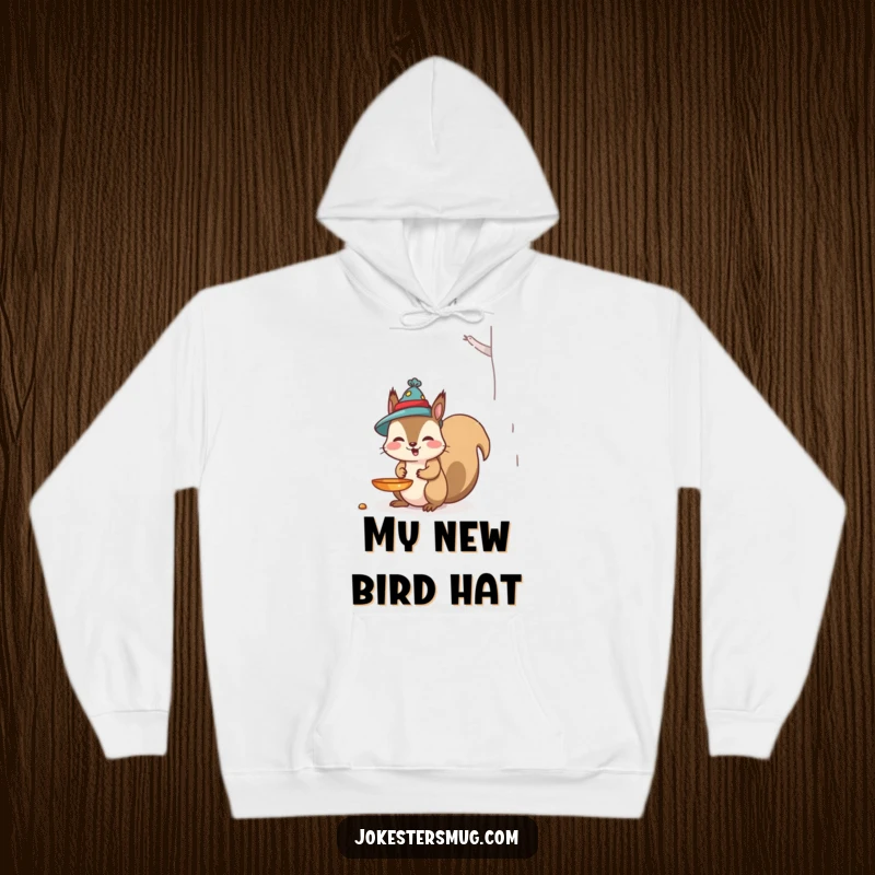 Funny Squirrel Hoodie: A mischievous squirrel sports a bird feeder as a hat, offering warmth and a funny design, great as a funny gift.