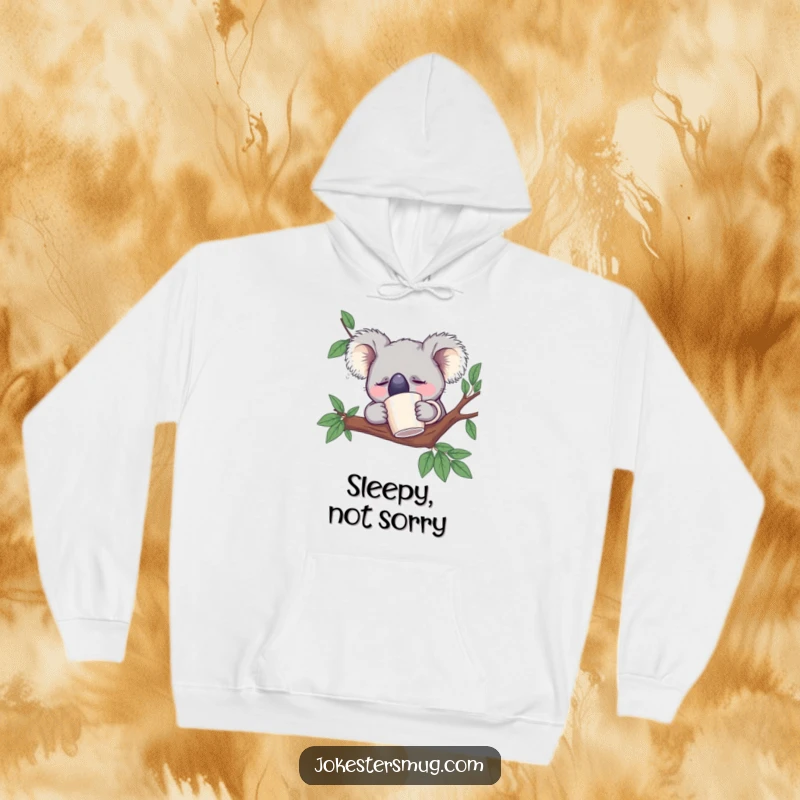 Funny Sleeping Koala Hoodie: A koala bear naps in a branch with a coffee mug on its nose, great for cozy days.