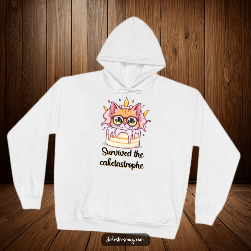 Funny bewildered cat wearing oversized spectacles peeking from behind a giant, exploding cake, captured on a cozy hoodie for humorous warmth.