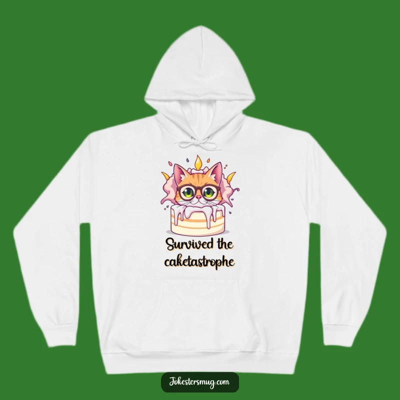 Funny Bewildered Cat Hoodie, Cozy Cake Chaos, Warm & Whimsical Winter Sweatshirt