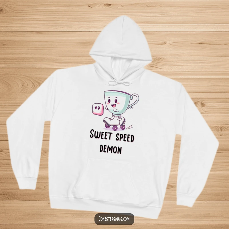 Funny cheerful teacup wearing roller skates, speeding past a startled sugar cube, a warm and humorous hoodie.